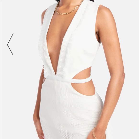 White Fringe Mesh Plunge Maxi Romper - Picture 4 of 6